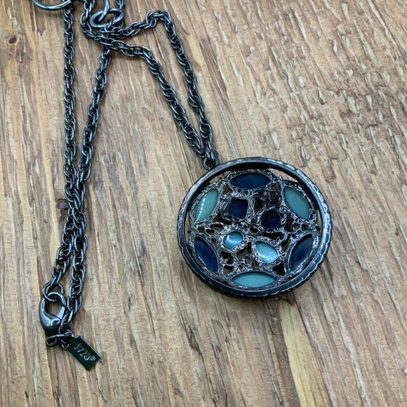 1928 Mosaic Style Green Deep Blue Faceted Pendant Gunmetal Chain Necklace - Picture 4 of 7